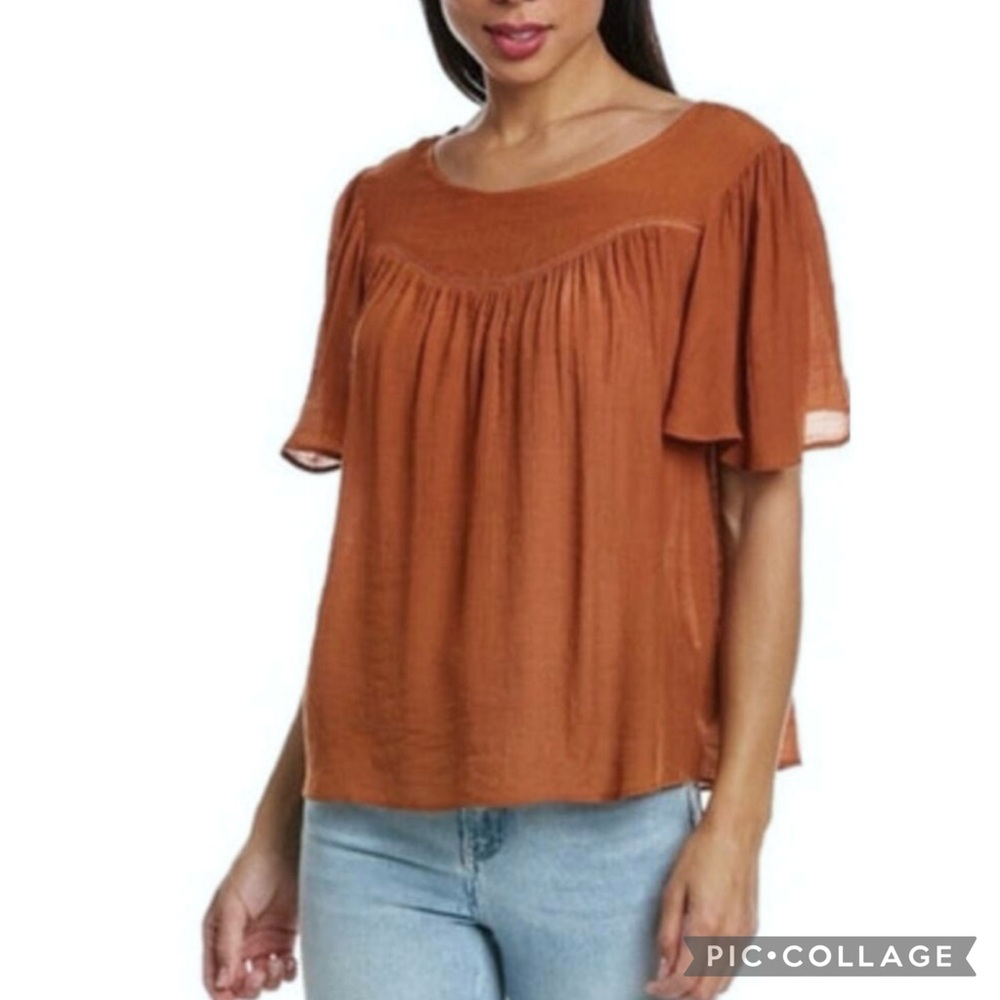 Nanette Lepore Curbed Yoke Top Rust Brown Flutter Sleeves S Boho Cottagecore
